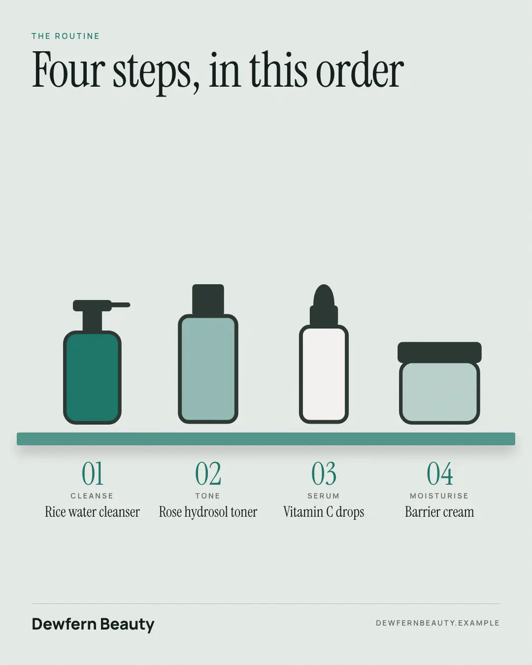 Sample Shelfie creative (Swatches & finders template), shown on the fictional brand Dewfern Beauty