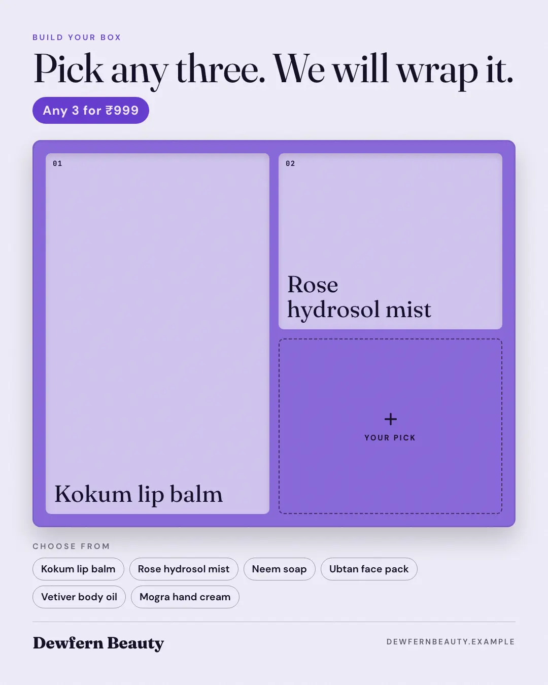 Sample Build your box creative (Own-brand products template), shown on the fictional brand Dewfern Beauty