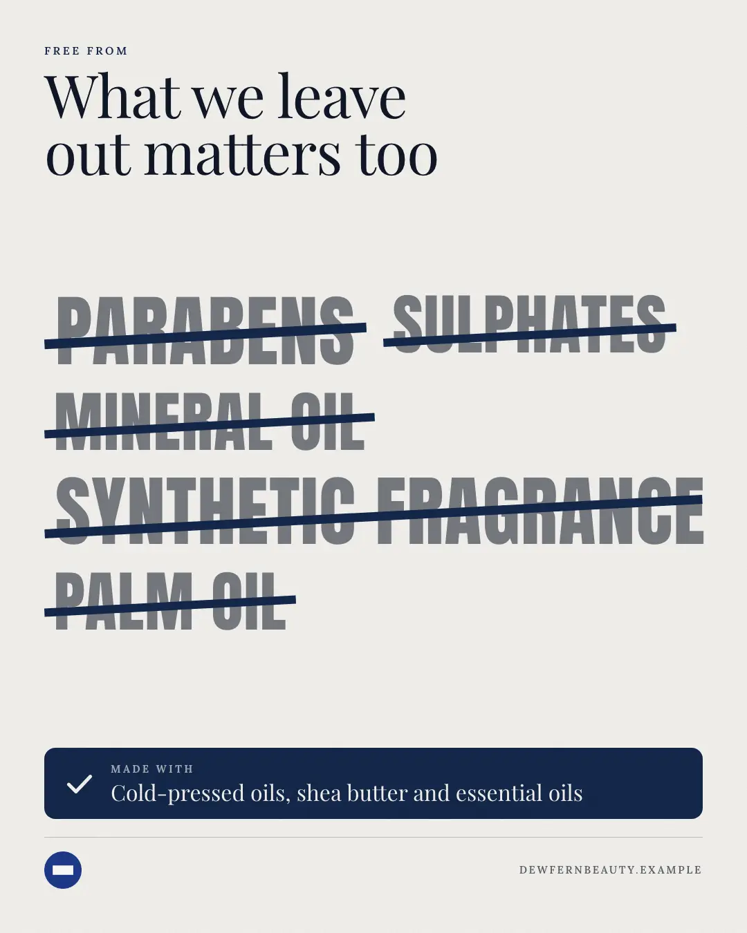 Sample Free-from list creative (Own-brand products template), shown on the fictional brand Dewfern Beauty