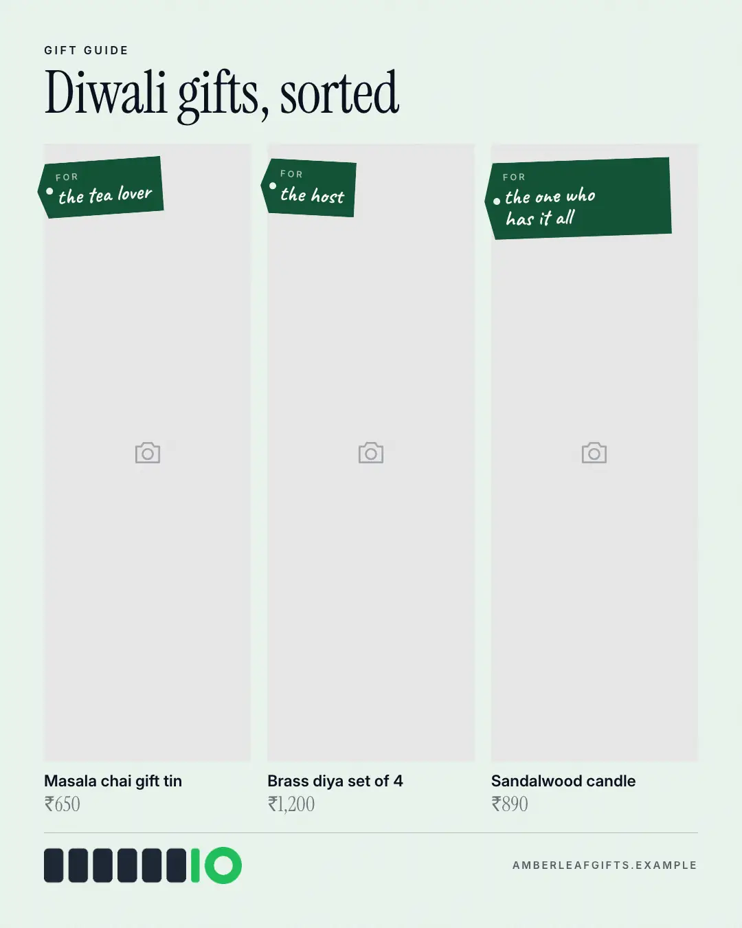 Sample Gift guide creative (Own-brand products template), shown on the fictional brand Amberleaf Gifts