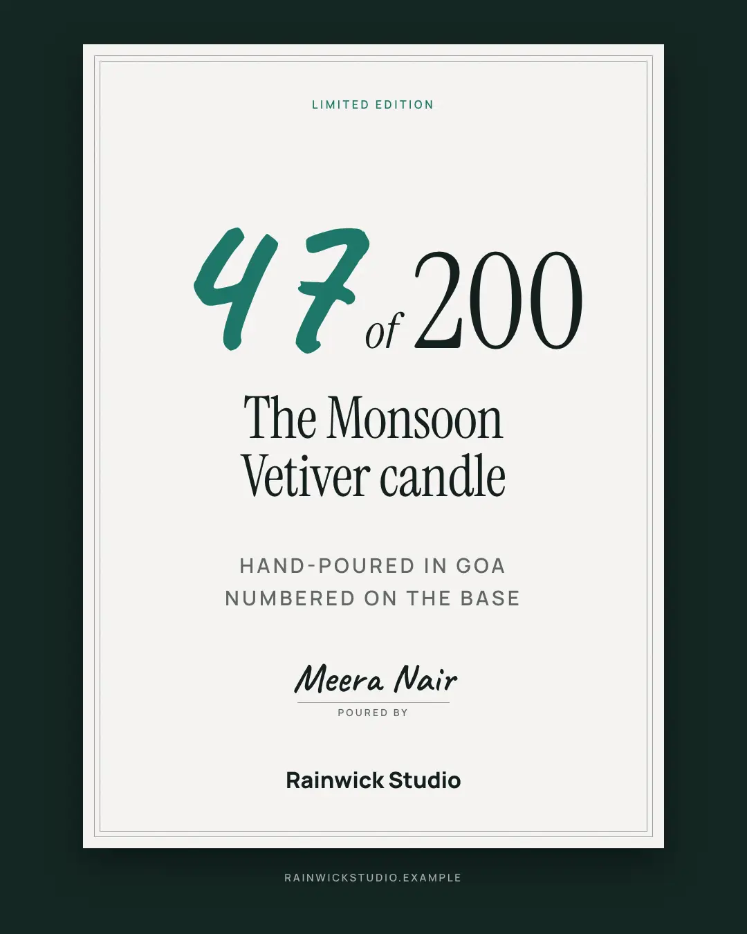 Sample Numbered limited-edition card creative (Own-brand products template), shown on the fictional brand Rainwick Studio