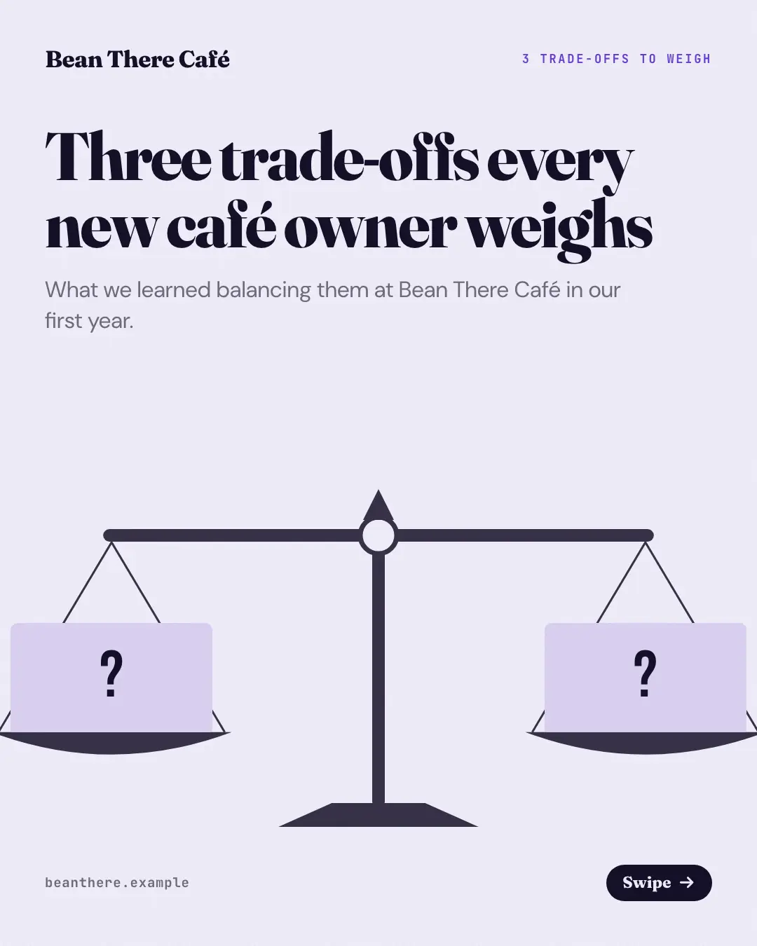 Sample Balance scale creative (Mental models template), shown on the fictional brand Bean There Café
