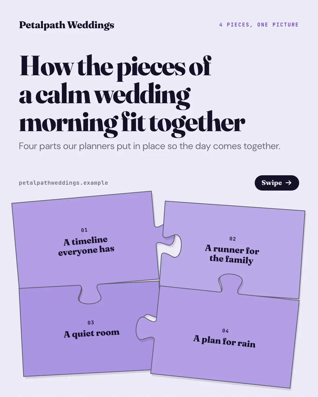 Sample Jigsaw creative (Mental models template), shown on the fictional brand Petalpath Weddings