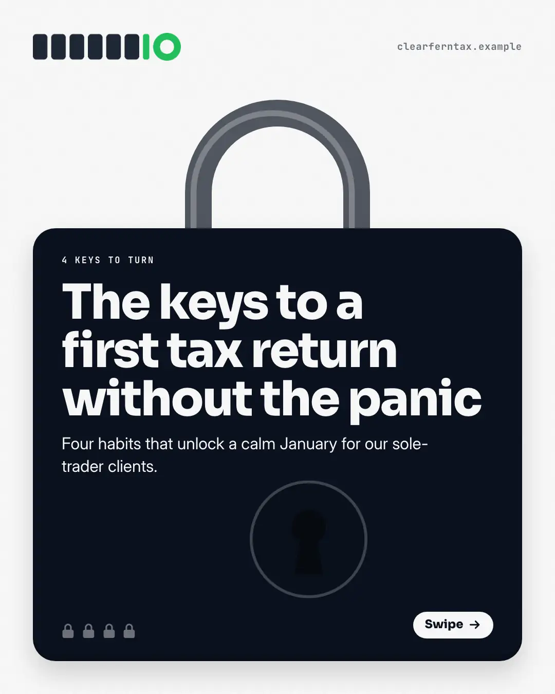 Sample Padlocks creative (Mental models template), shown on the fictional brand Clearfern Tax