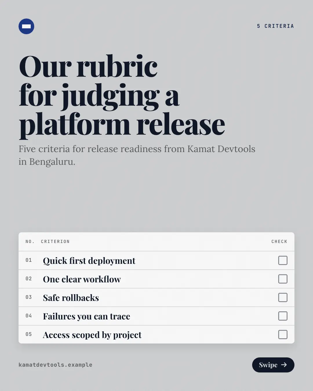 Sample Rubric creative (Mental models template), shown on the fictional brand Kamat Devtools