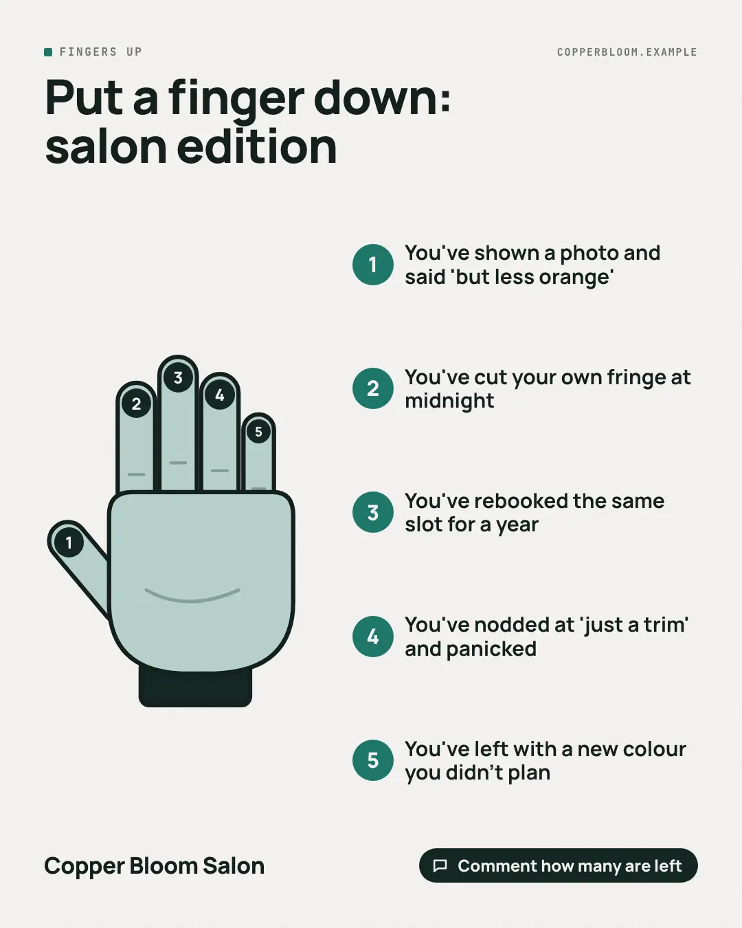 Sample Put a finger down creative (Shout-outs & giveaways template), shown on the fictional brand Copper Bloom Salon