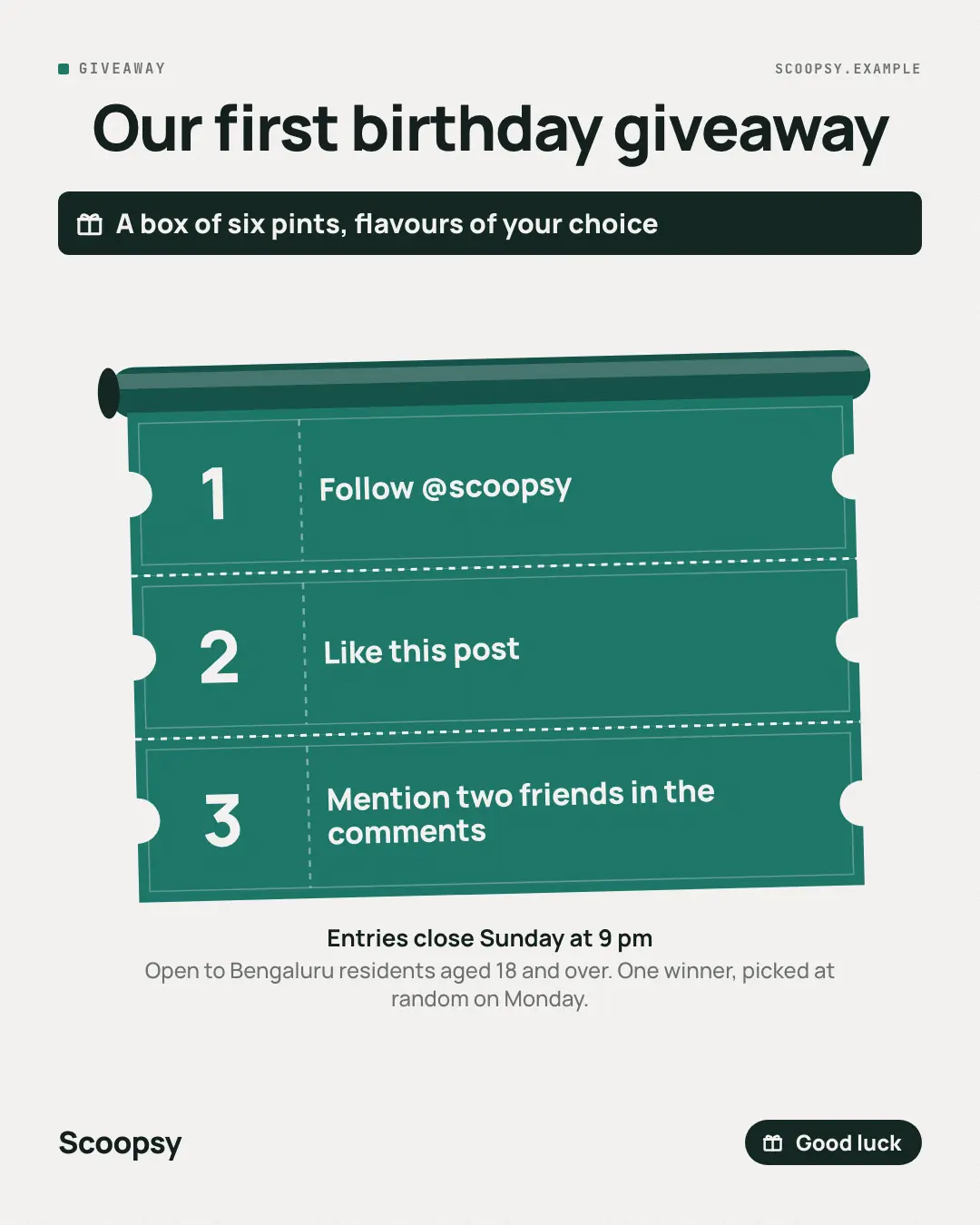 Sample Giveaway creative (Shout-outs & giveaways template), shown on the fictional brand Scoopsy