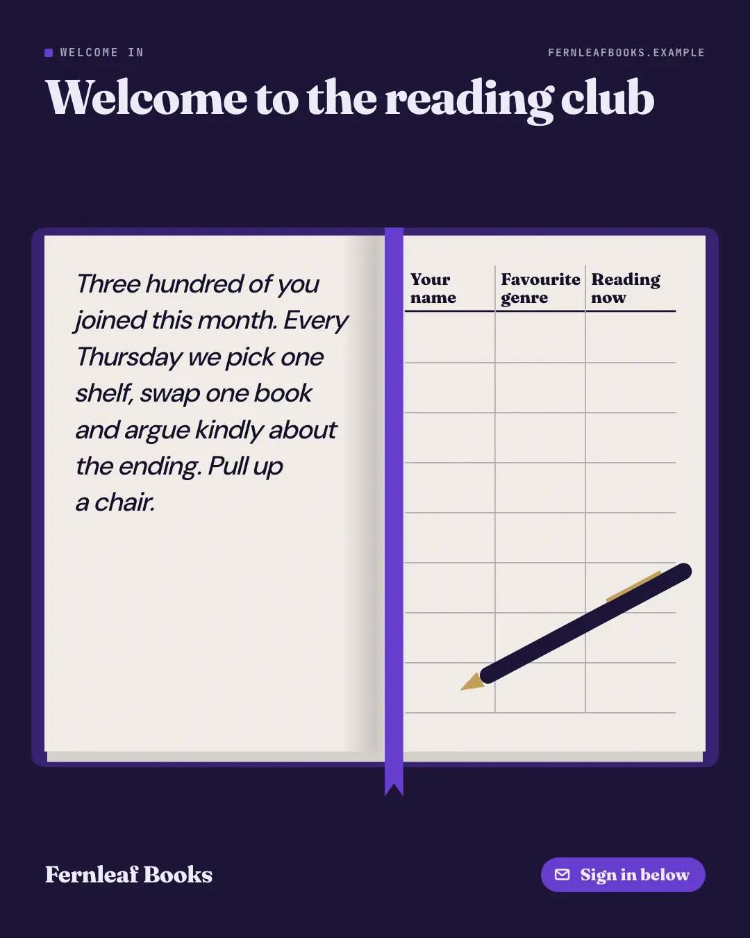 Sample Guestbook creative (Shout-outs & giveaways template), shown on the fictional brand Fernleaf Books