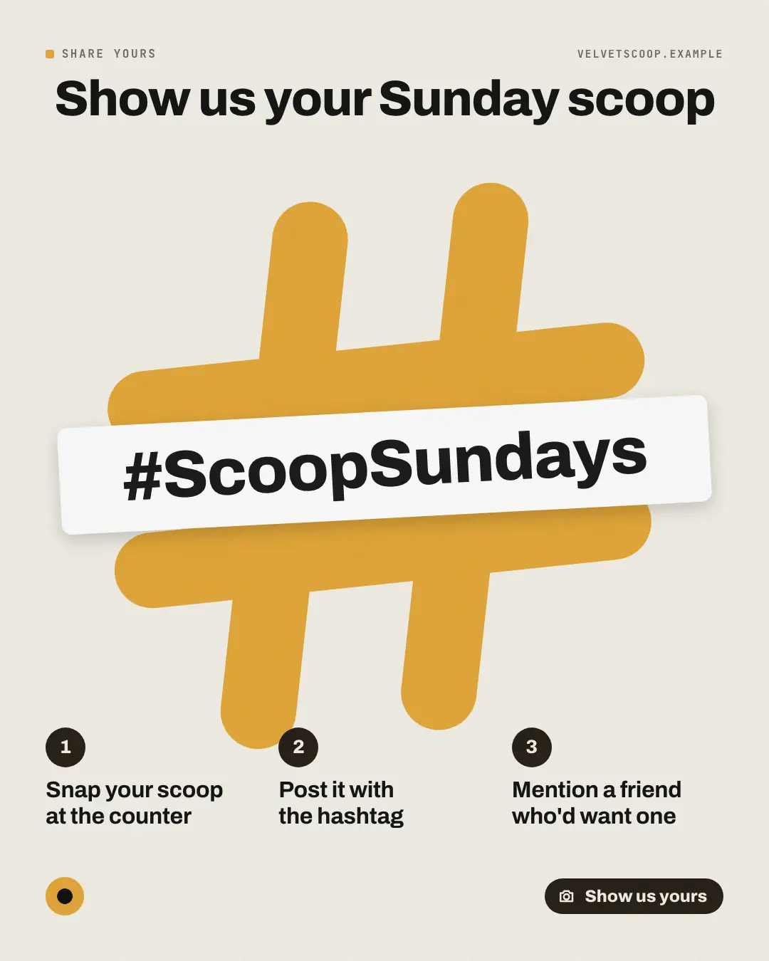 Sample Hashtag creative (Shout-outs & giveaways template), shown on the fictional brand Velvet Scoop
