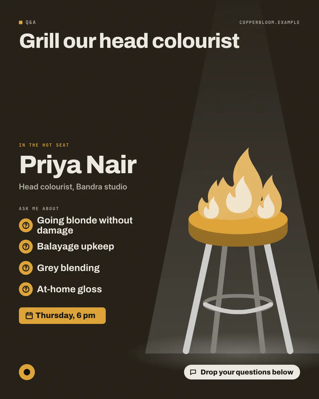 Sample Hot seat creative (Shout-outs & giveaways template), shown on the fictional brand Copper Bloom Salon