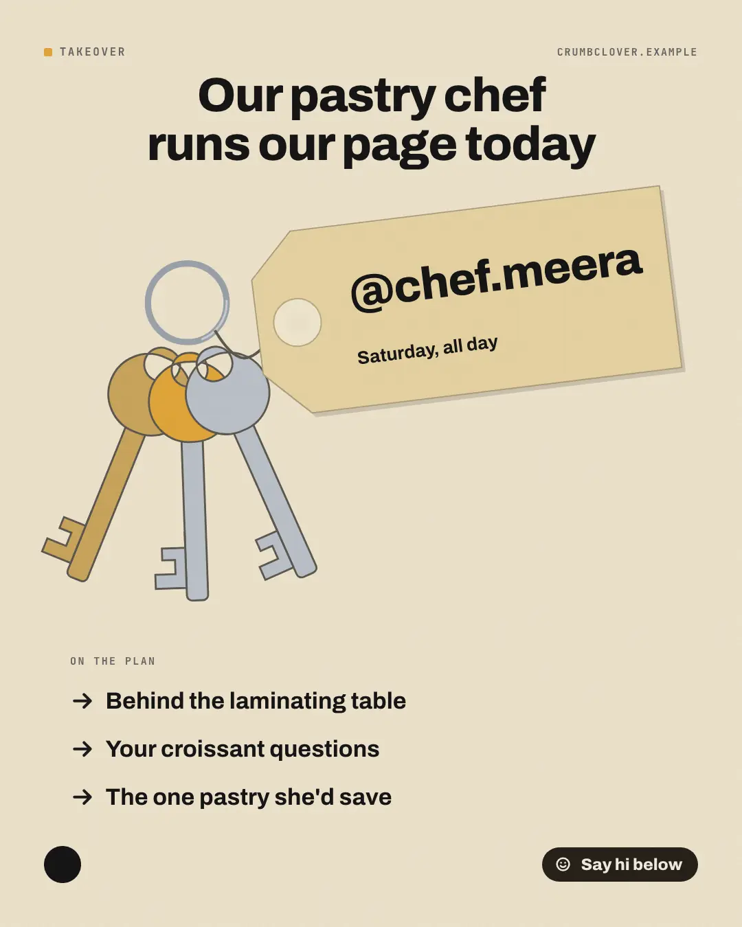 Sample Takeover creative (Shout-outs & giveaways template), shown on the fictional brand Crumb & Clover