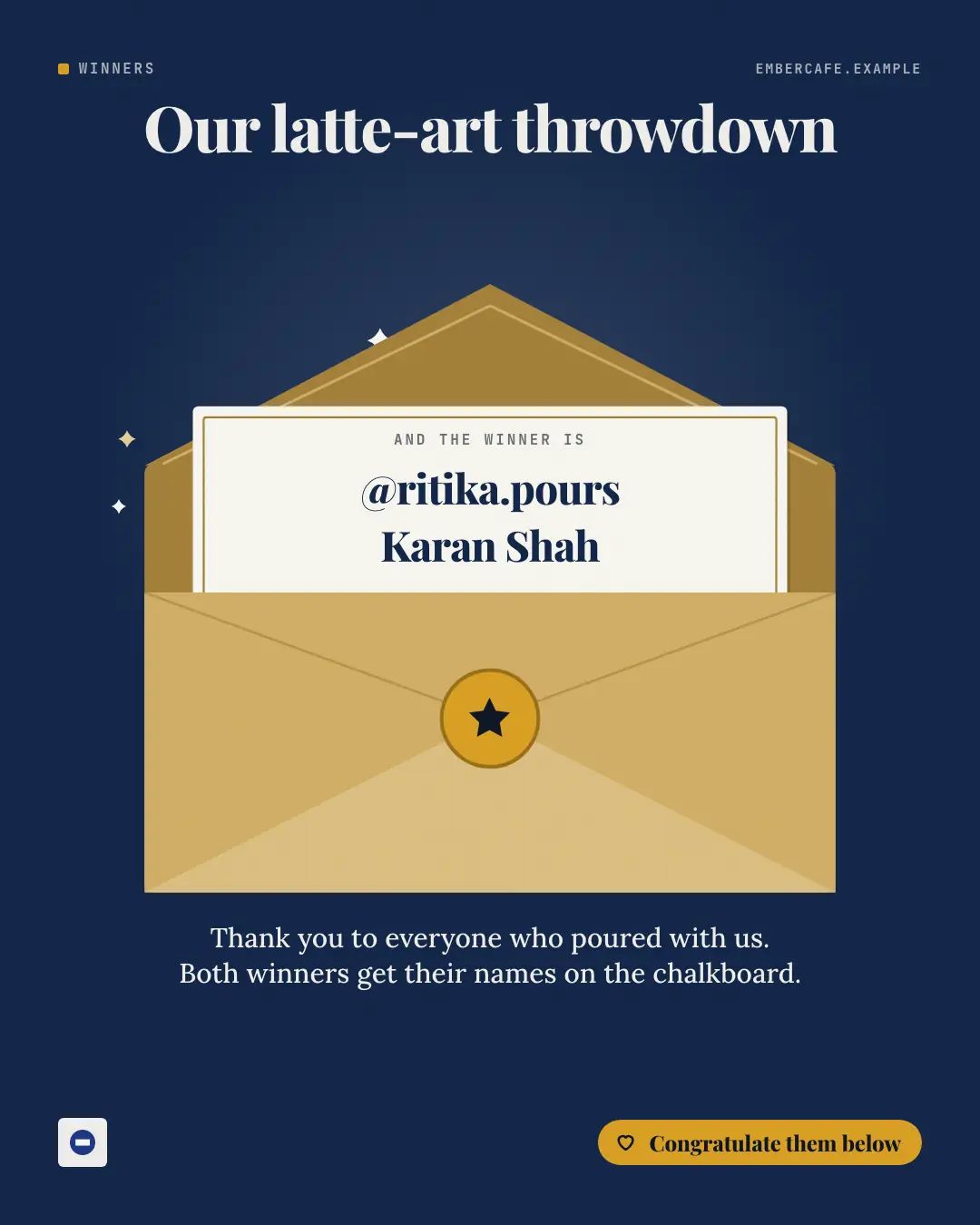 Sample Envelope creative (Shout-outs & giveaways template), shown on the fictional brand Ember Cafe