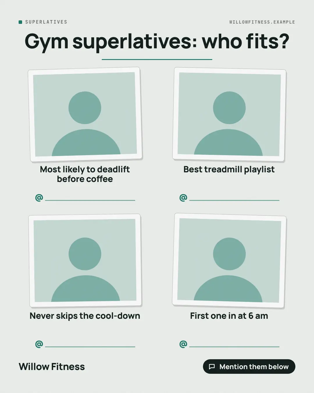 Sample Yearbook superlatives creative (Shout-outs & giveaways template), shown on the fictional brand Willow Fitness
