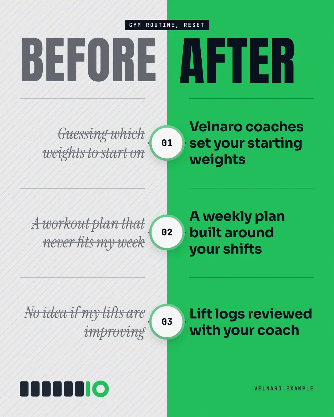 Sample Before / after creative (Comparison template), shown on the fictional brand Velnaro