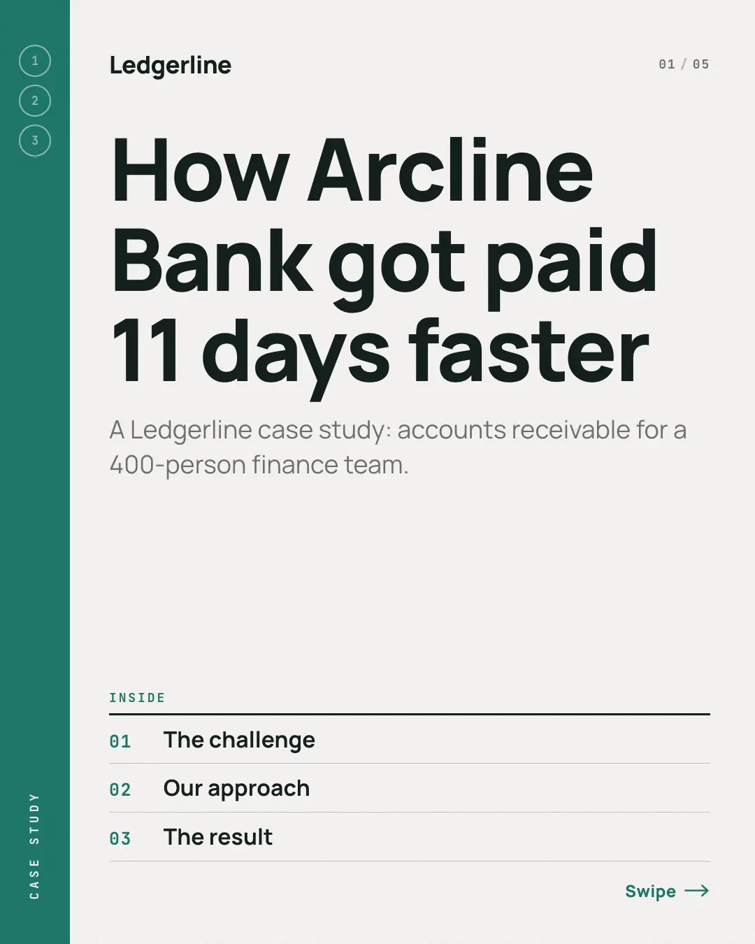 Sample Case study dossier creative (Business decks template), shown on the fictional brand Ledgerline