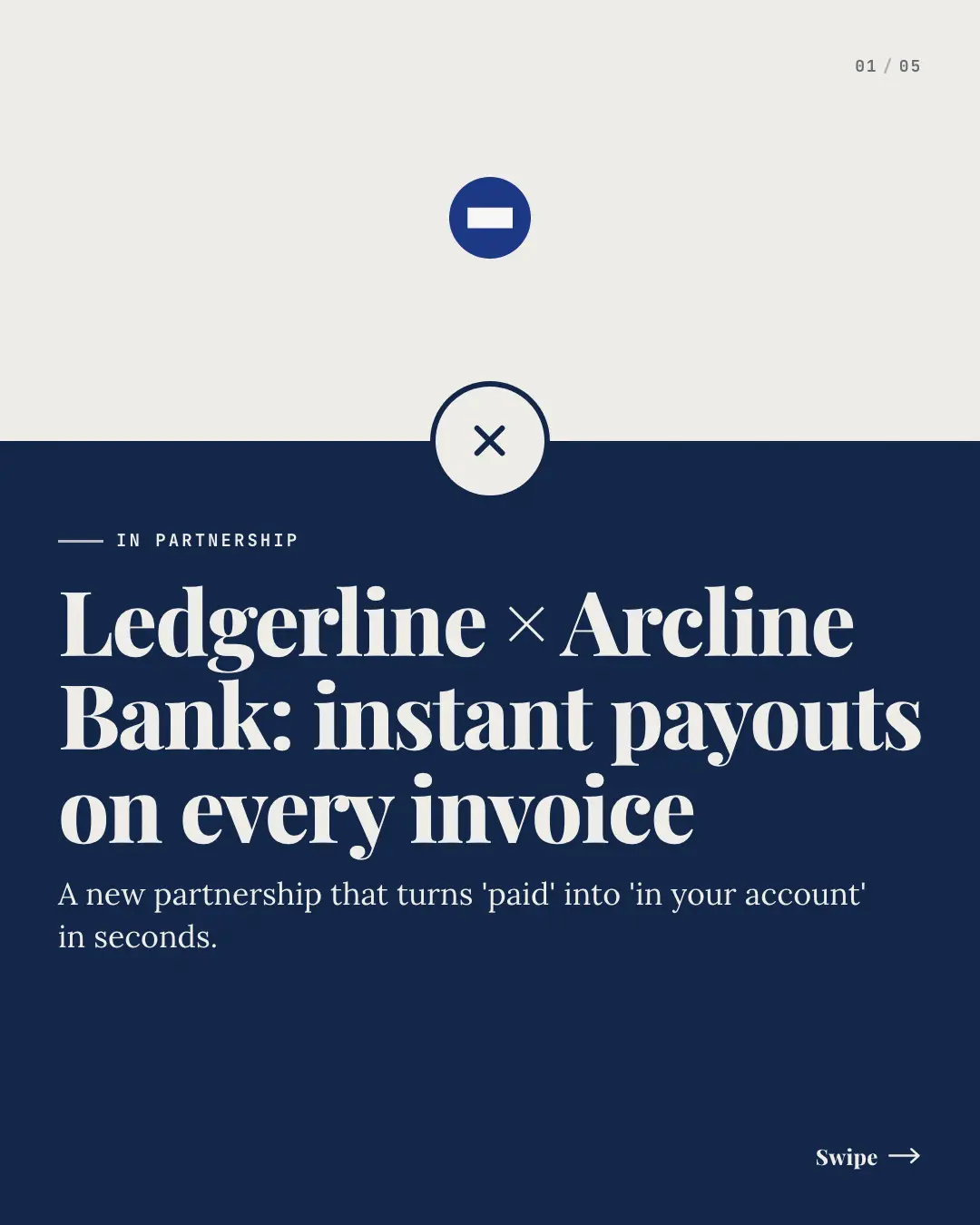 Sample Partnership lockup creative (Business decks template), shown on the fictional brand Ledgerline
