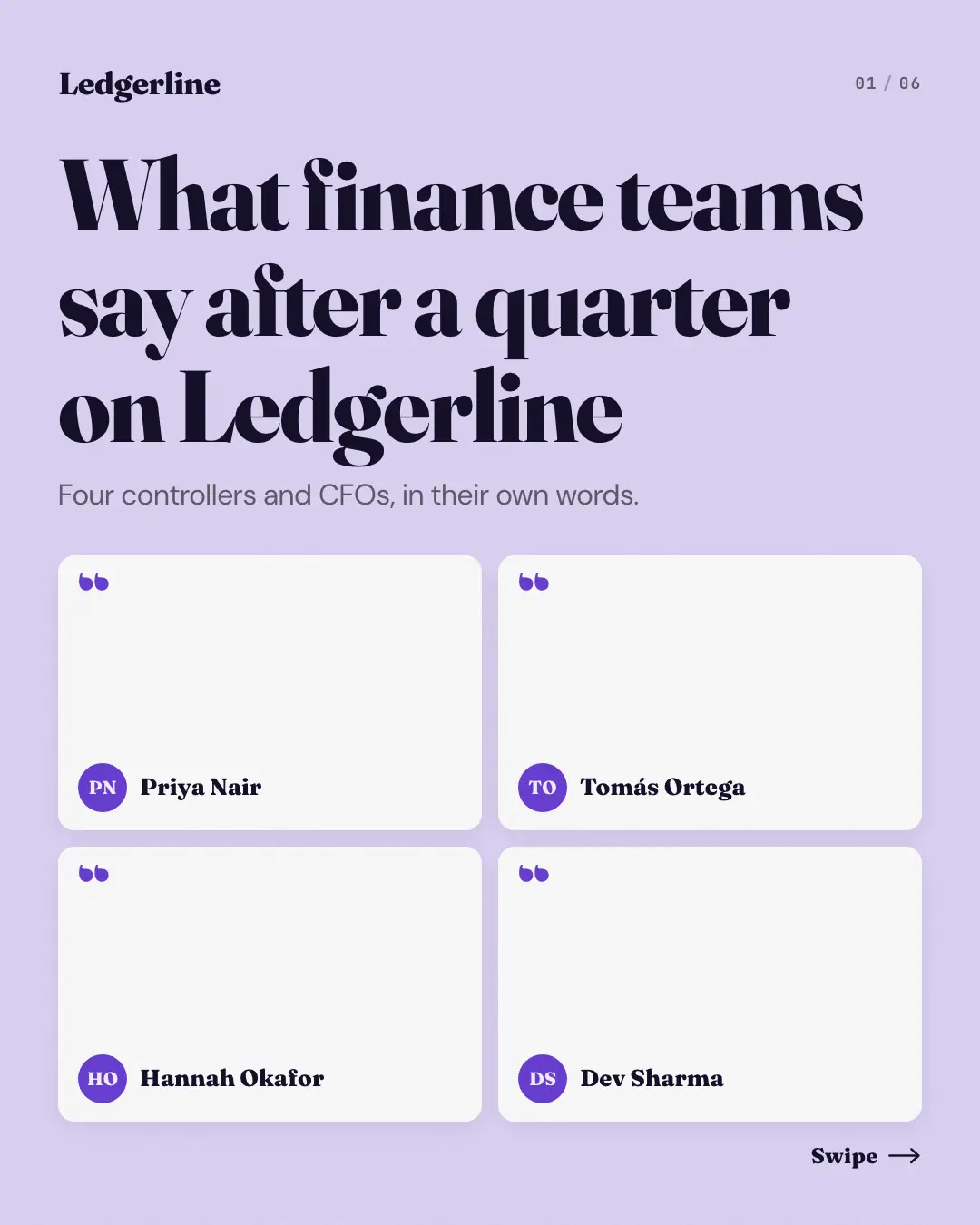 Sample Customer quote wall creative (Business decks template), shown on the fictional brand Ledgerline