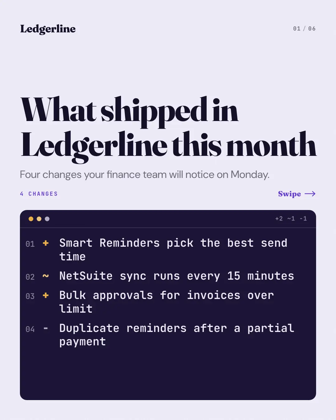 Sample Release notes diff creative (Business decks template), shown on the fictional brand Ledgerline