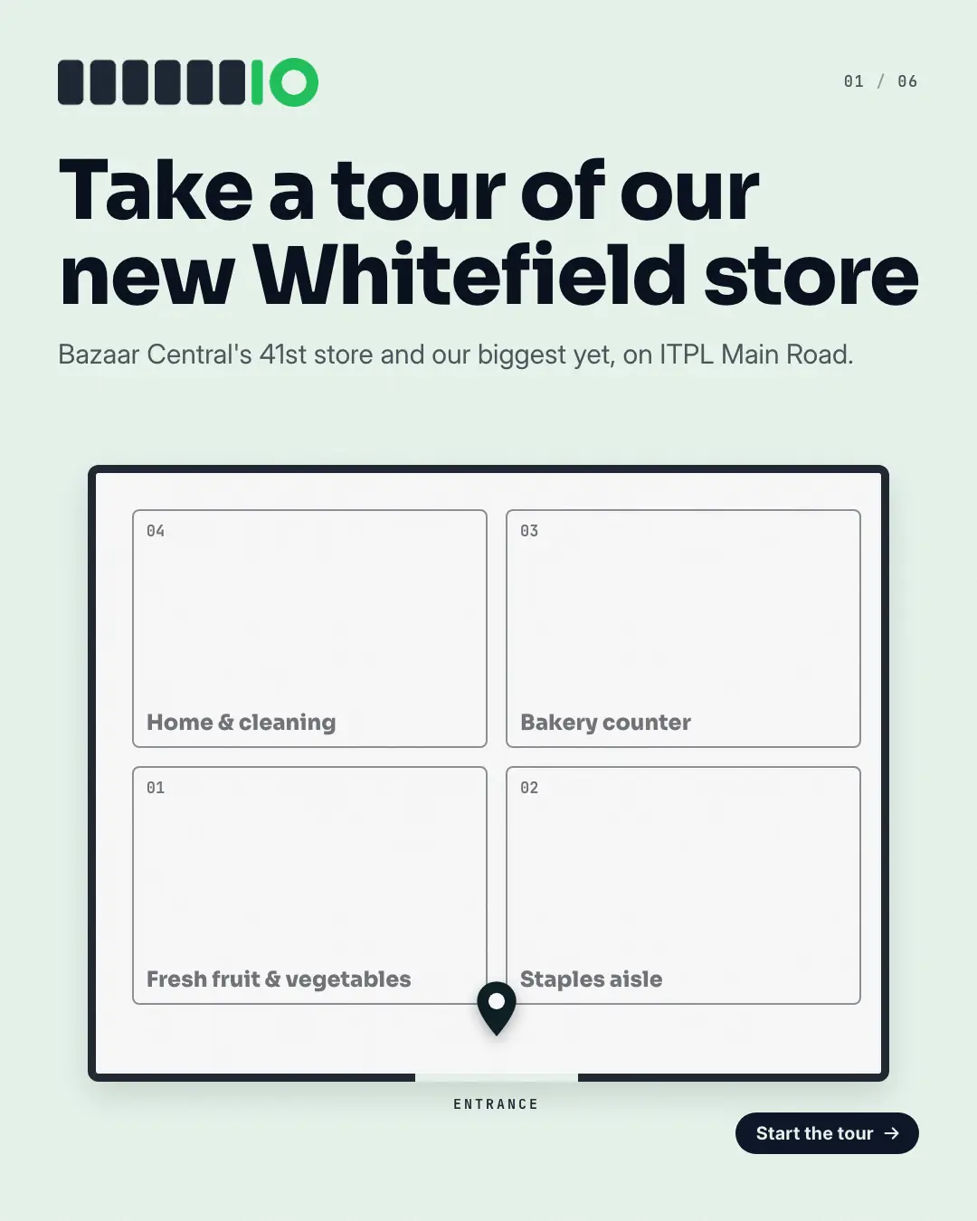 Sample Aisle tour map creative (Shopfront carousels template), shown on the fictional brand Bazaar Central