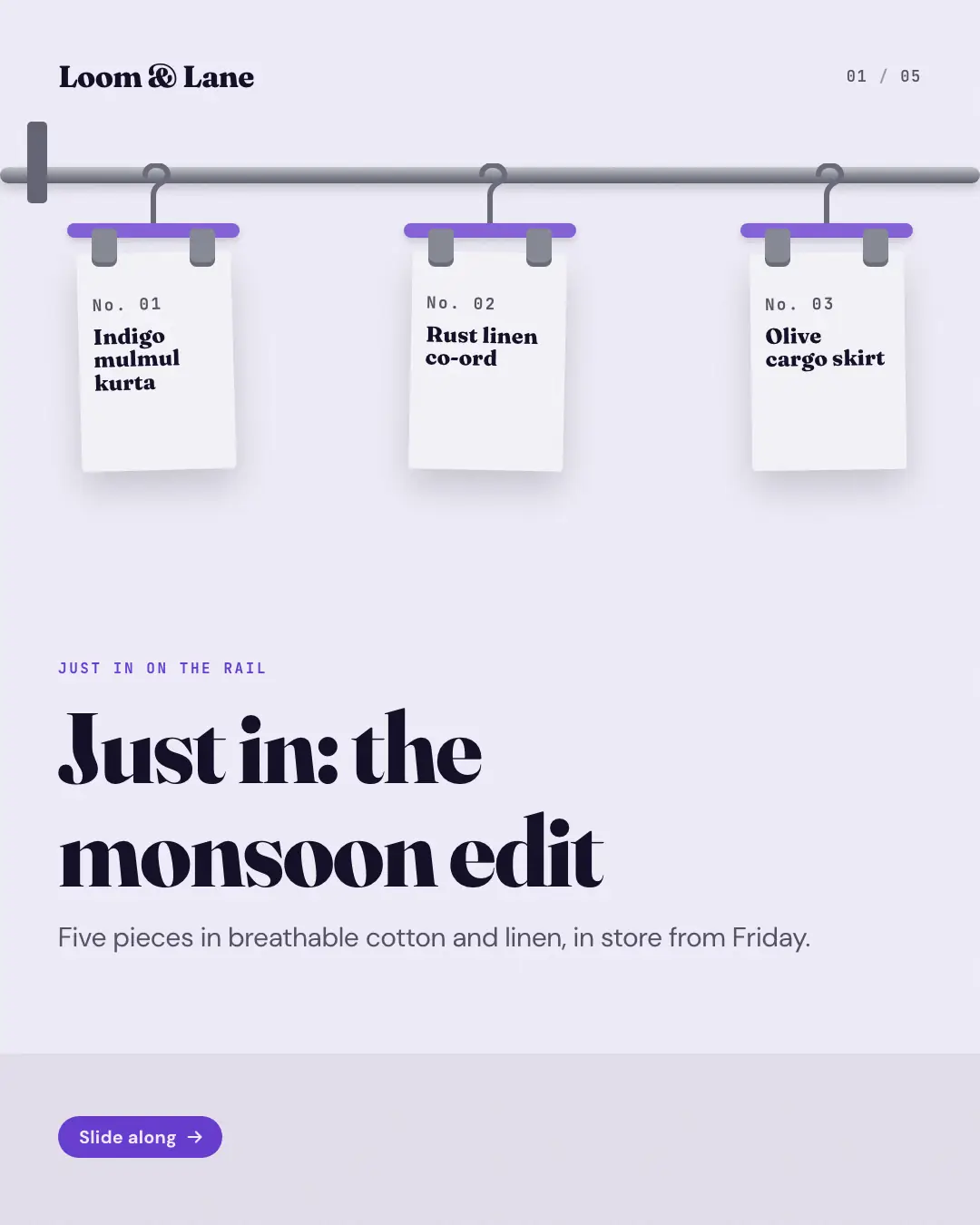 Sample New-arrivals clothes rail creative (Shopfront carousels template), shown on the fictional brand Loom & Lane