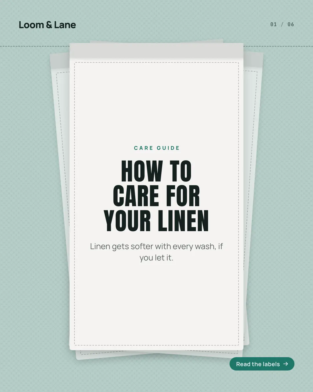Sample Care-guide labels creative (Shopfront carousels template), shown on the fictional brand Loom & Lane