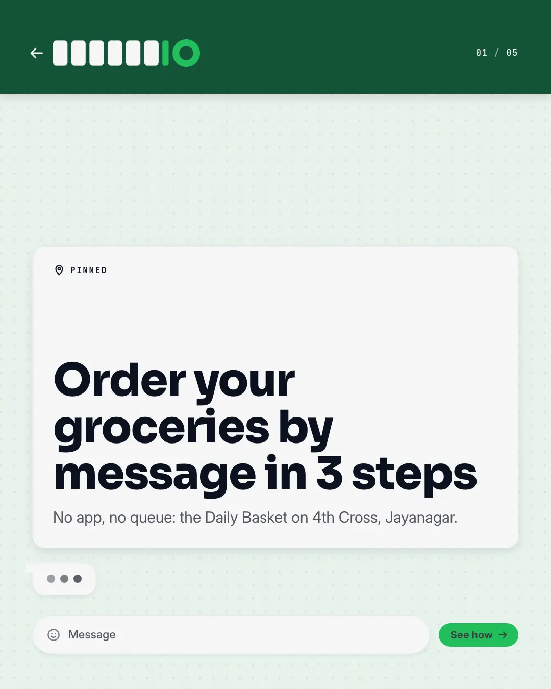 Sample Order-on-WhatsApp chat creative (Shopfront carousels template), shown on the fictional brand Daily Basket