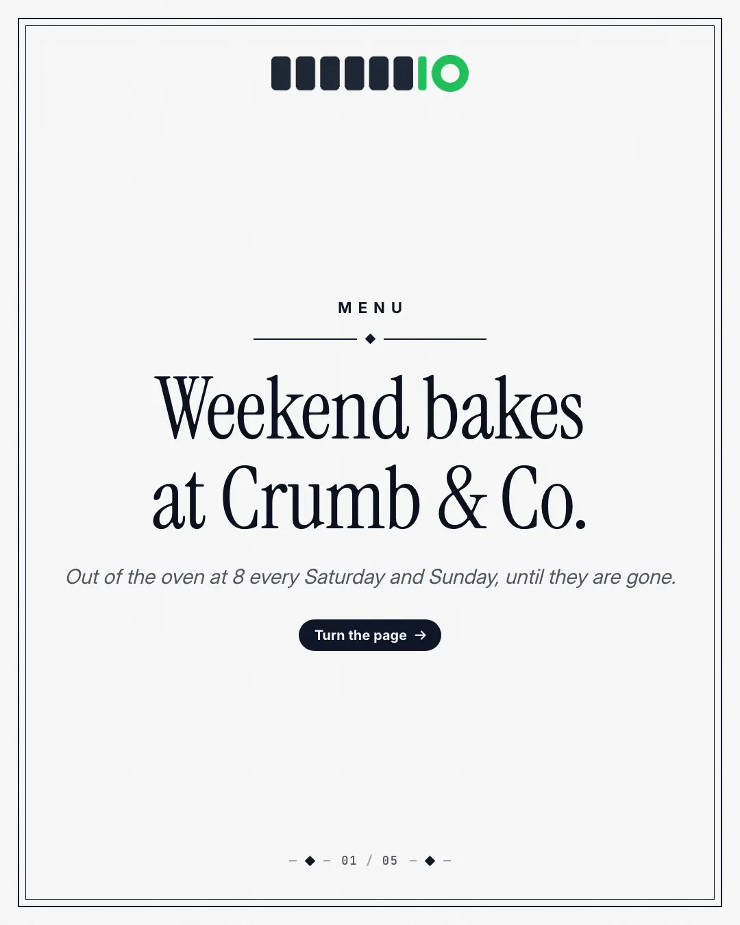 Sample Menu pages creative (Shopfront carousels template), shown on the fictional brand Crumb & Co.