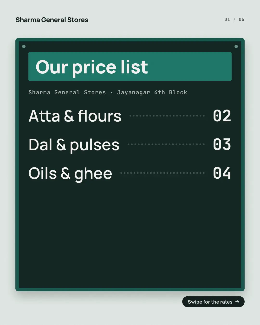 Sample Wall price board creative (Shopfront carousels template), shown on the fictional brand Sharma General Stores