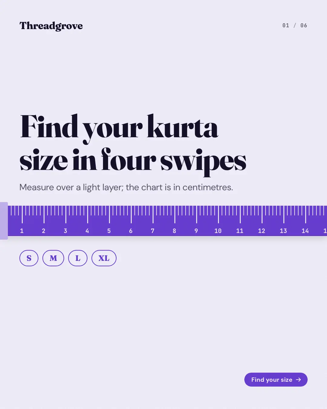 Sample Tape-measure fitting creative (Shopfront carousels template), shown on the fictional brand Threadgrove