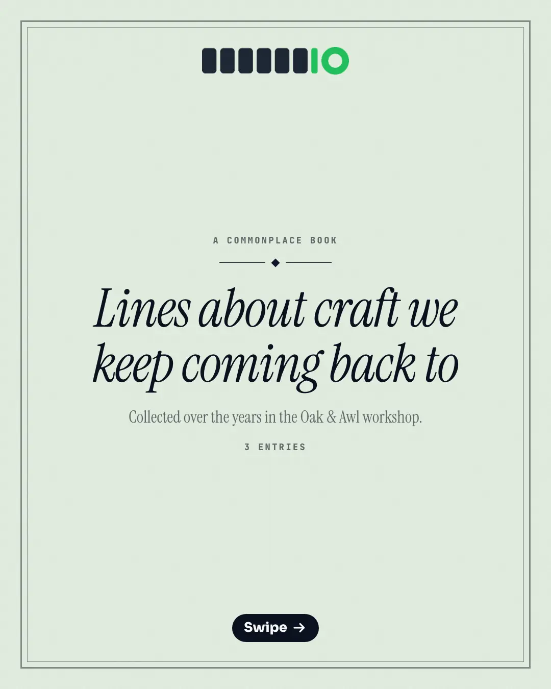 Sample Commonplace book creative (Teaching carousels template), shown on the fictional brand Oak & Awl