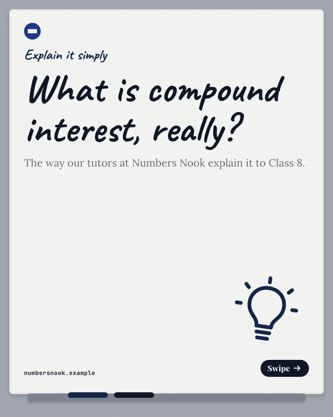 Sample Explain-it-simply whiteboard creative (Teaching carousels template), shown on the fictional brand Numbers Nook