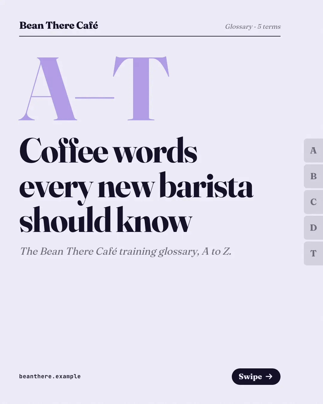 Sample Glossary thumb index creative (Teaching carousels template), shown on the fictional brand Bean There Café
