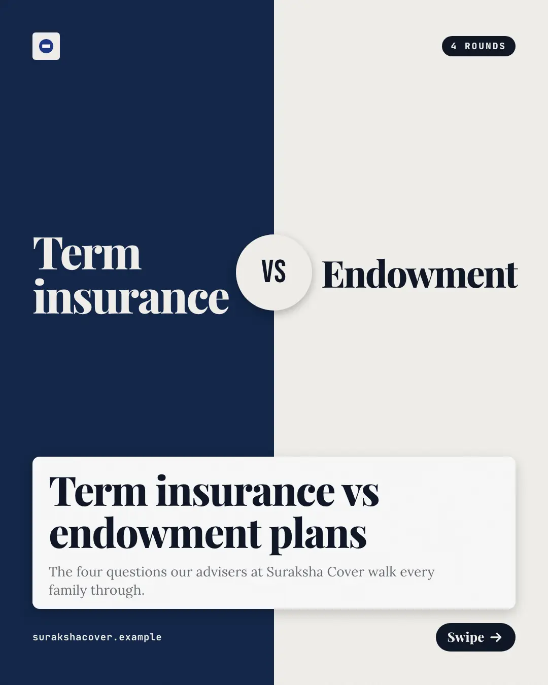 Sample Head-to-head rounds creative (Teaching carousels template), shown on the fictional brand Suraksha Cover