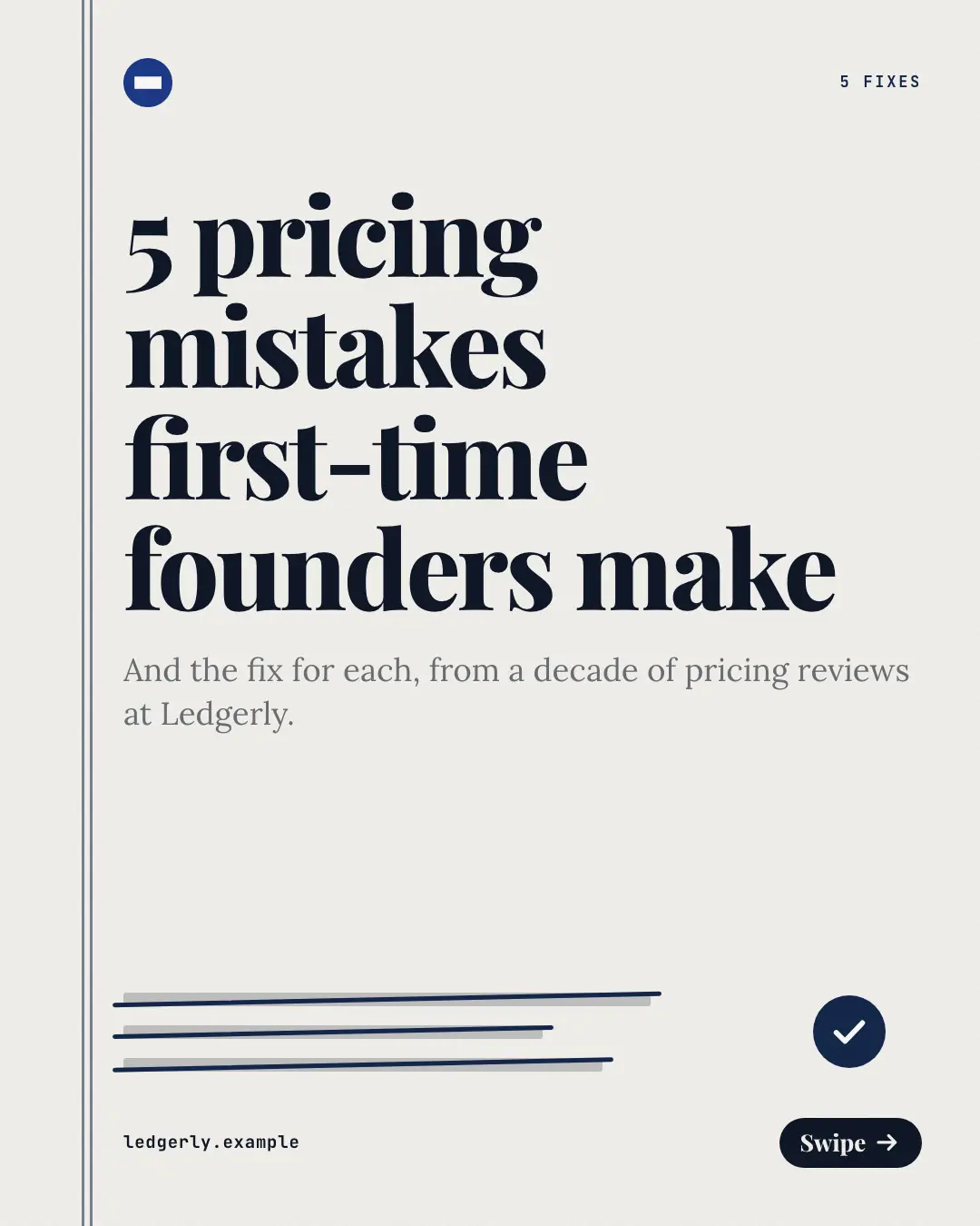 Sample Mistakes and fixes creative (Teaching carousels template), shown on the fictional brand Ledgerly