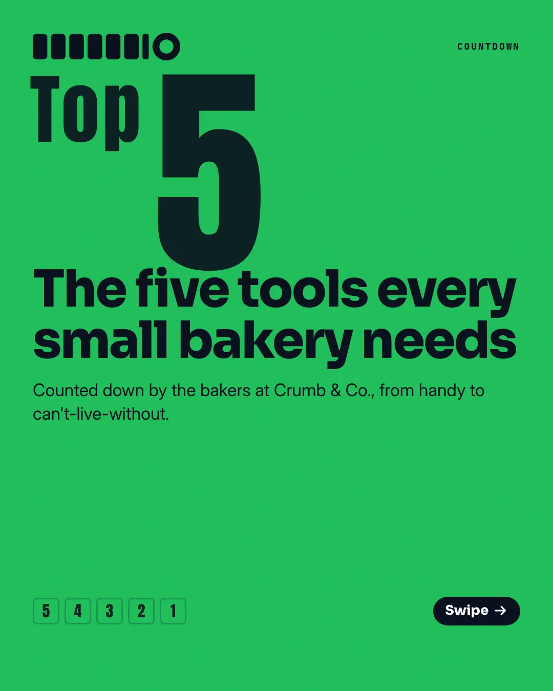 Sample Ranked countdown creative (Teaching carousels template), shown on the fictional brand Crumb & Co.