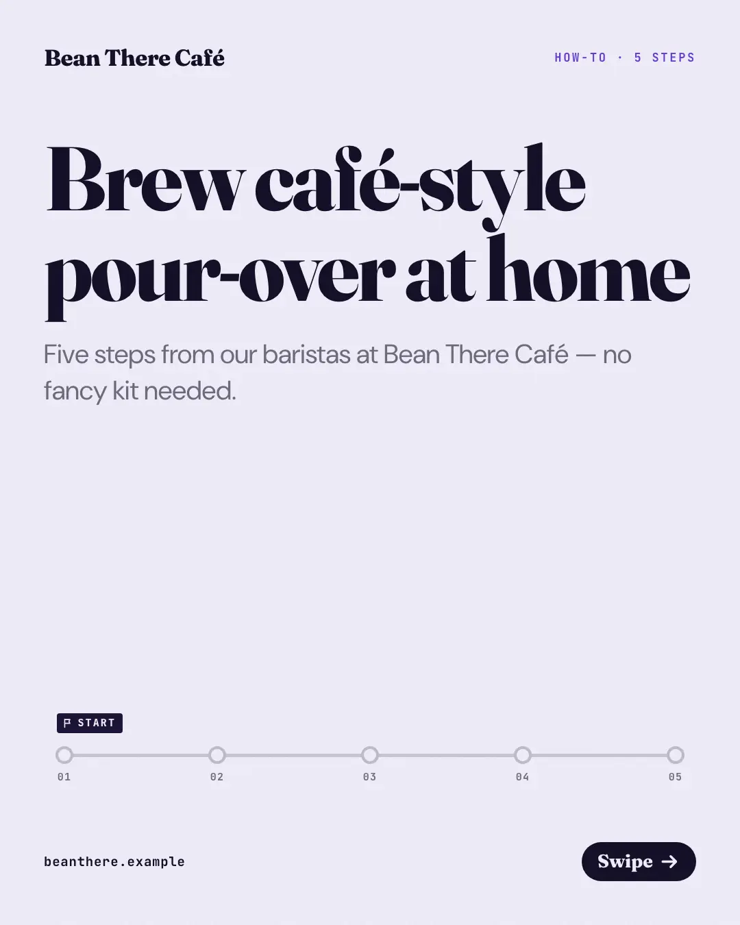 Sample How-to stepper creative (Teaching carousels template), shown on the fictional brand Bean There Café