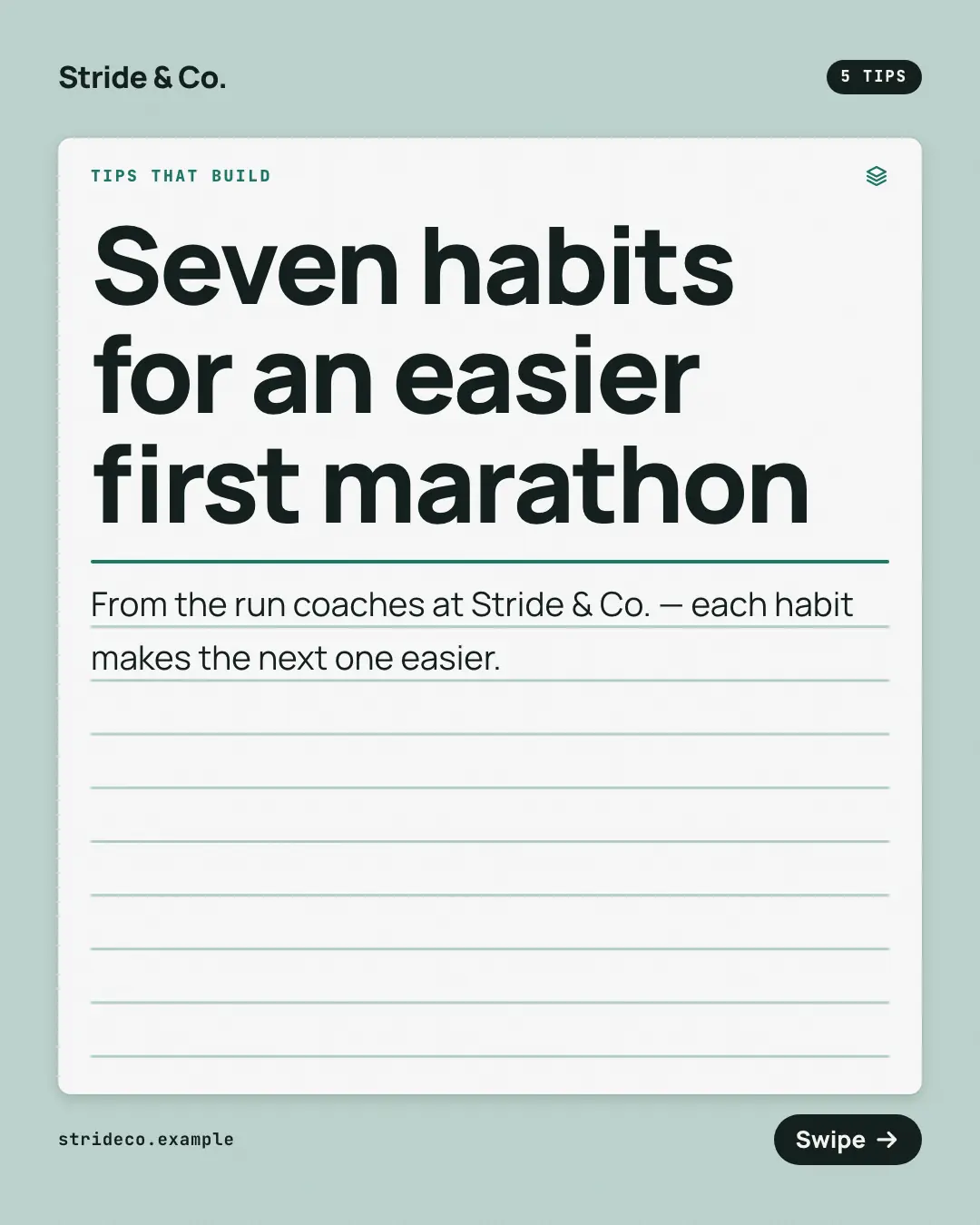 Sample Index-card tip stack creative (Teaching carousels template), shown on the fictional brand Stride & Co.