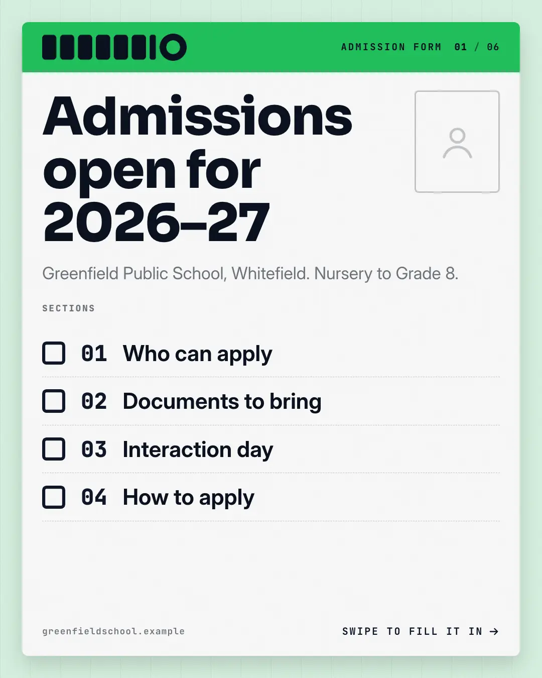 Sample Admission form creative (Front-desk carousels template), shown on the fictional brand Greenfield School