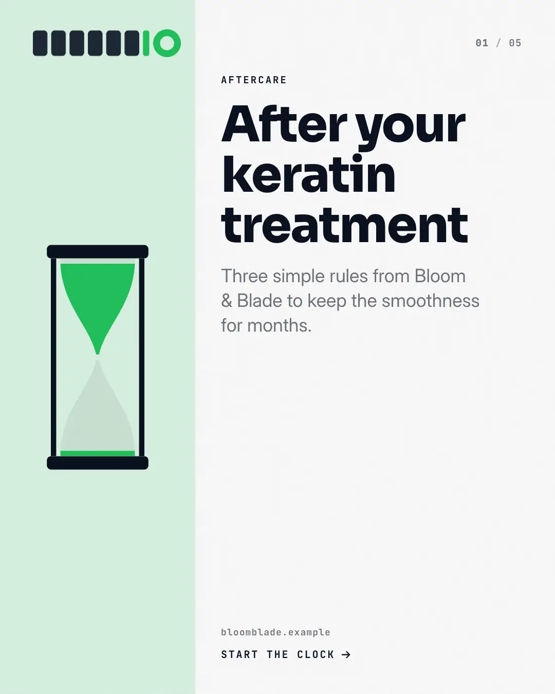 Sample Aftercare hourglass creative (Front-desk carousels template), shown on the fictional brand Bloom & Blade