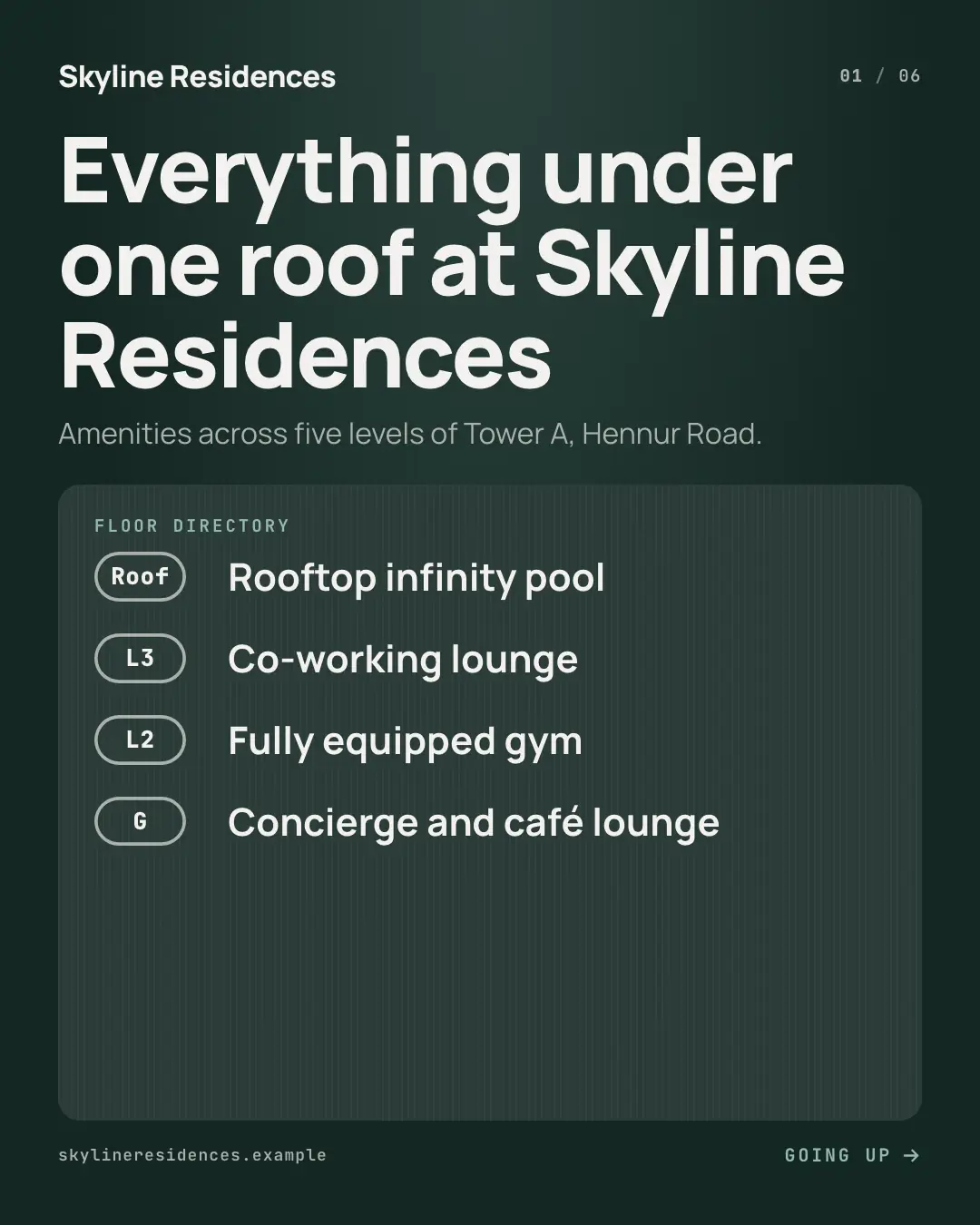 Sample Amenities lift panel creative (Front-desk carousels template), shown on the fictional brand Skyline Residences