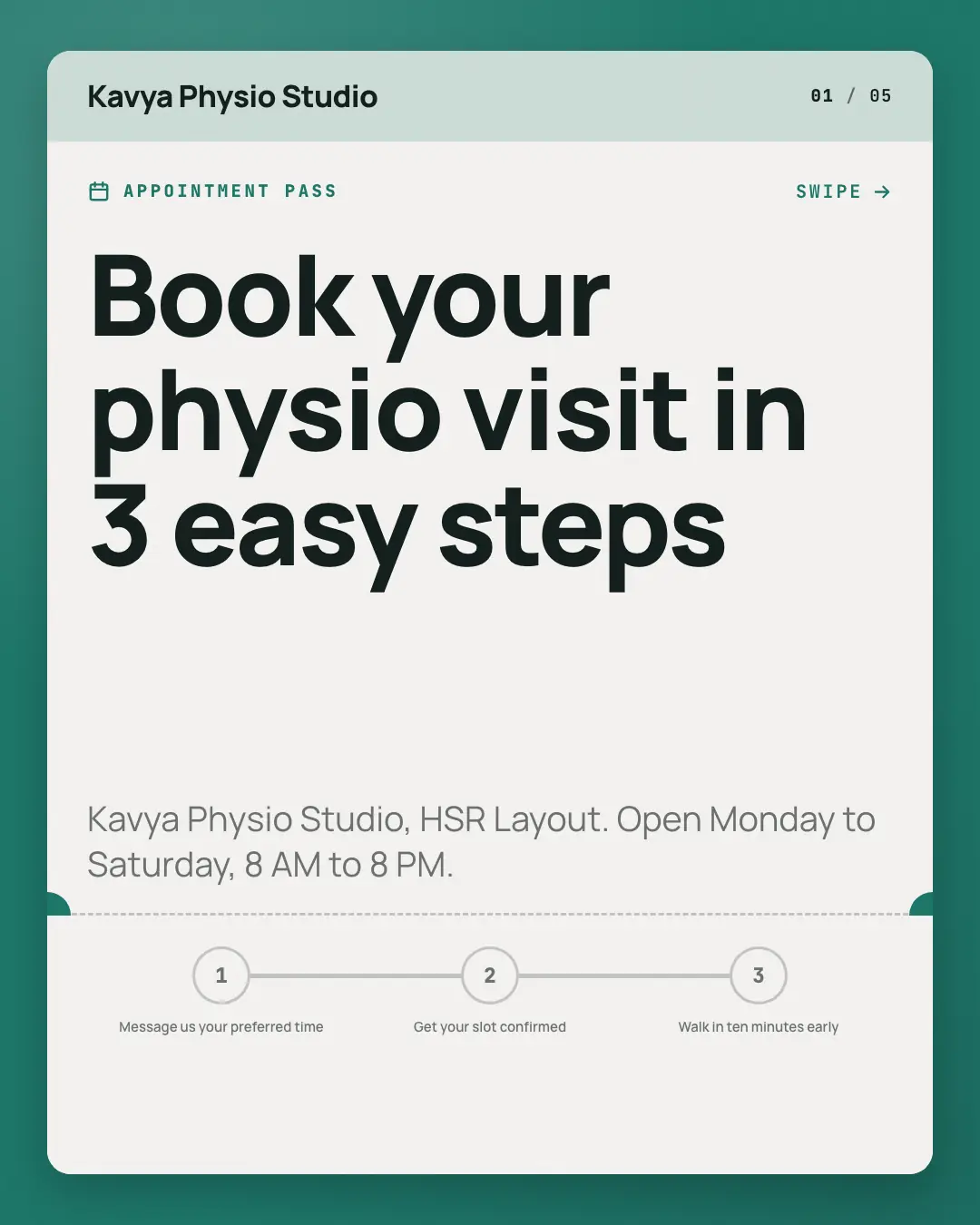 Sample Appointment pass creative (Front-desk carousels template), shown on the fictional brand Kavya Physio Studio