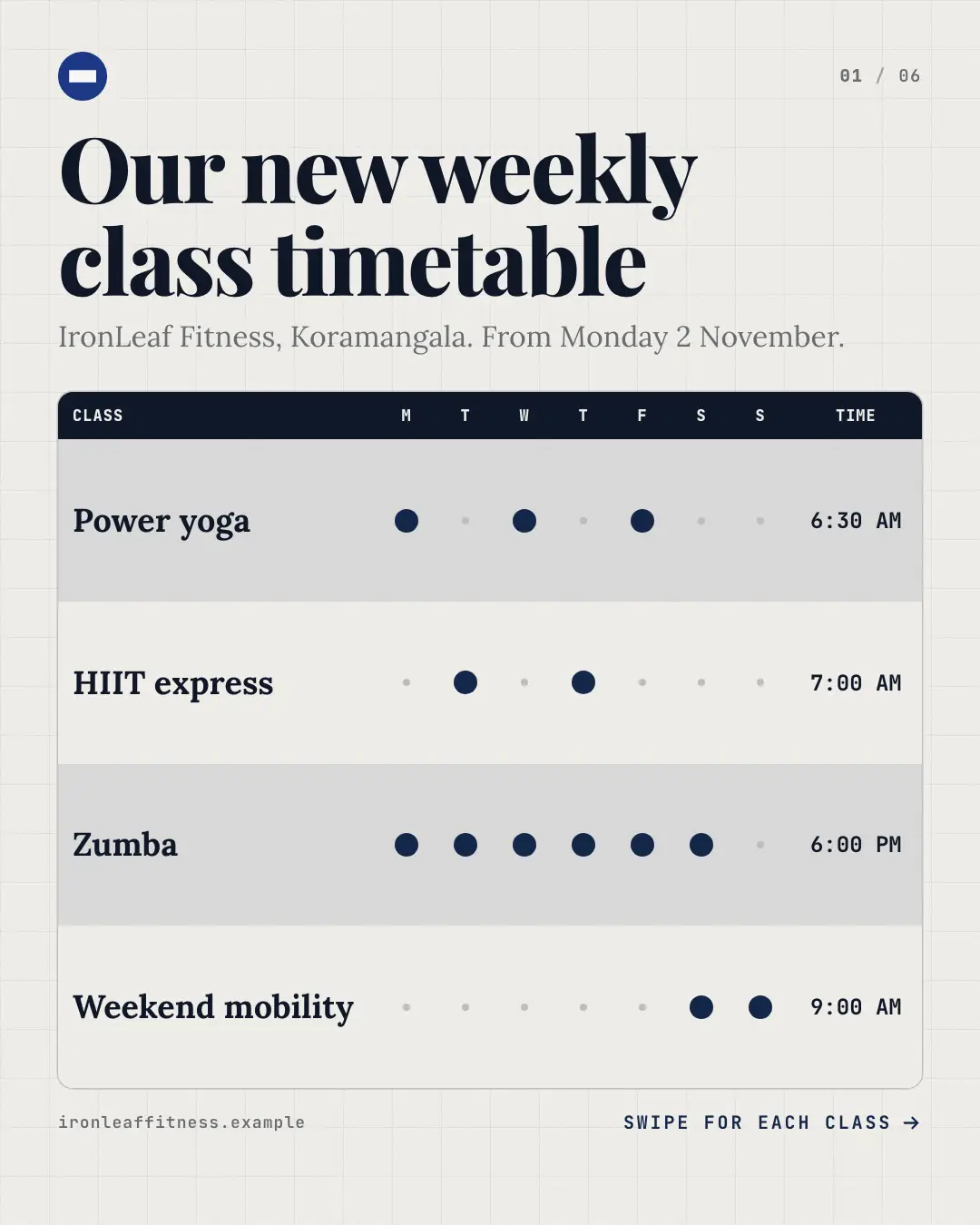 Sample Class timetable creative (Front-desk carousels template), shown on the fictional brand IronLeaf Fitness