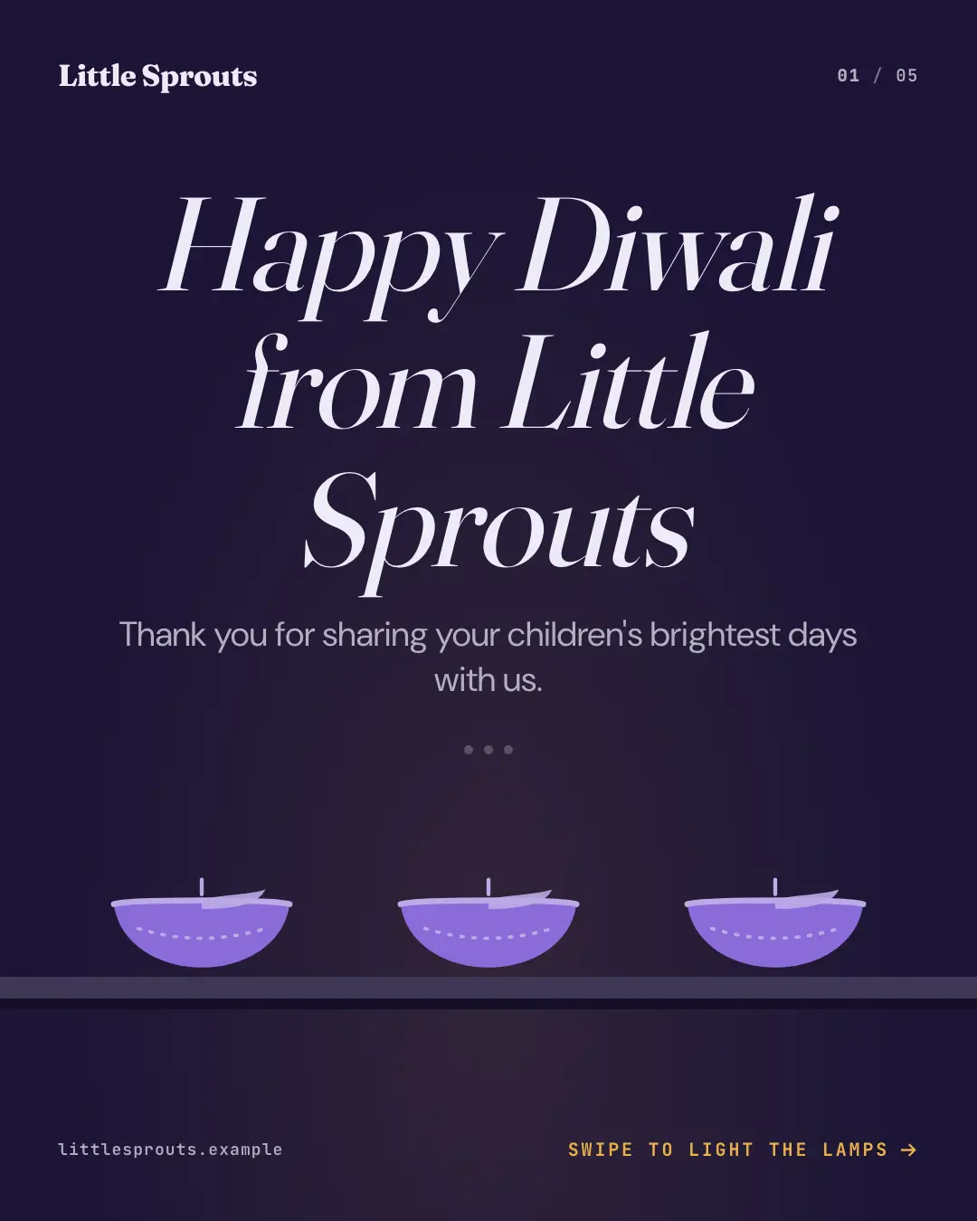 Sample Diwali diya row creative (Front-desk carousels template), shown on the fictional brand Little Sprouts