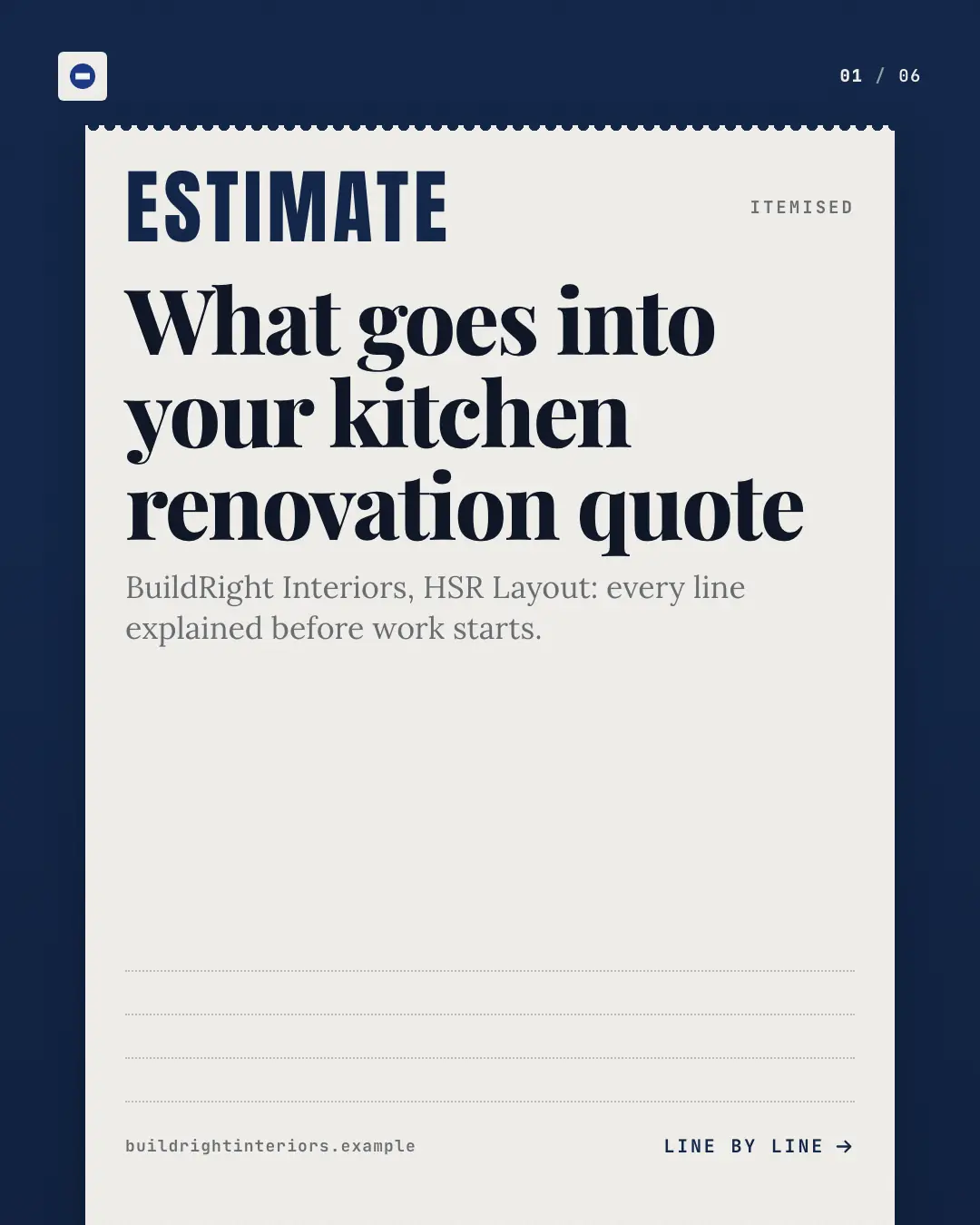 Sample Estimate slip creative (Front-desk carousels template), shown on the fictional brand BuildRight Interiors