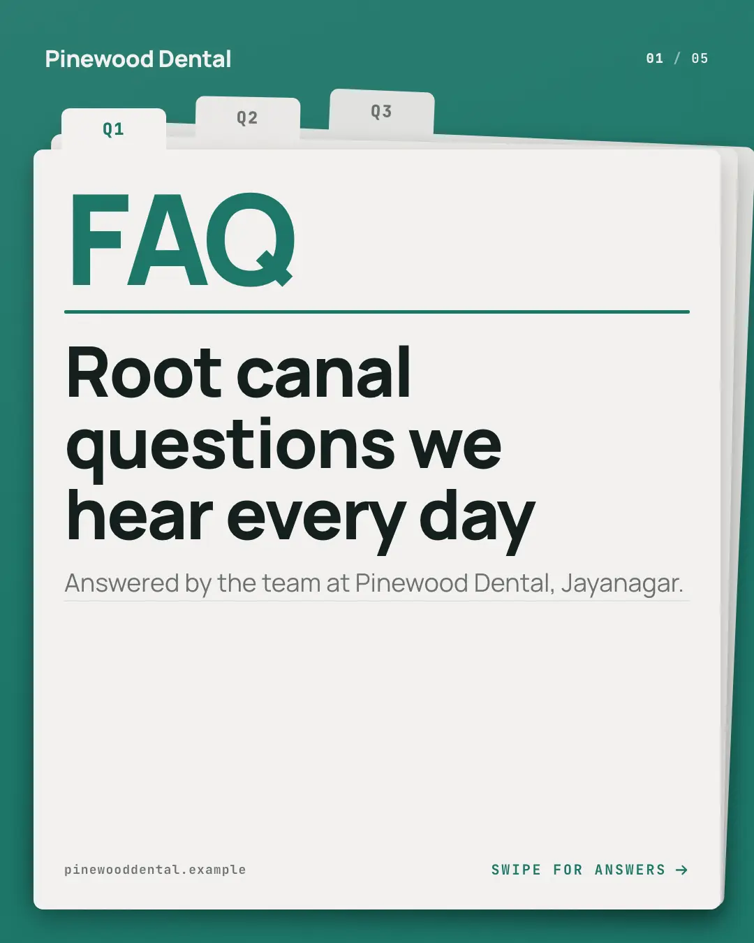 Sample FAQ index cards creative (Front-desk carousels template), shown on the fictional brand Pinewood Dental