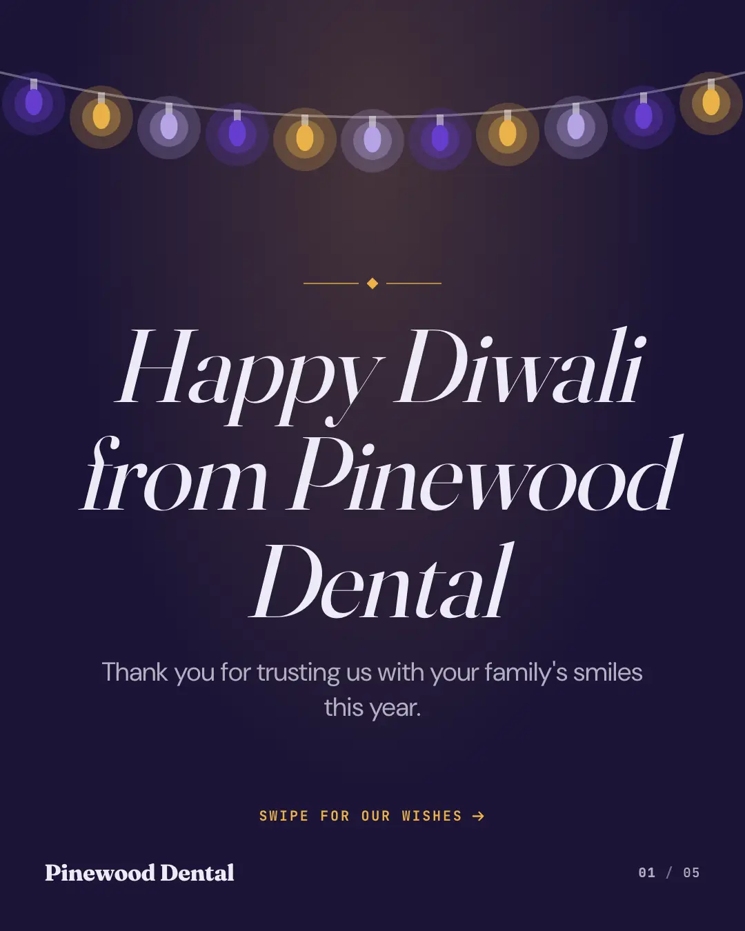 Sample Festive string lights creative (Front-desk carousels template), shown on the fictional brand Pinewood Dental