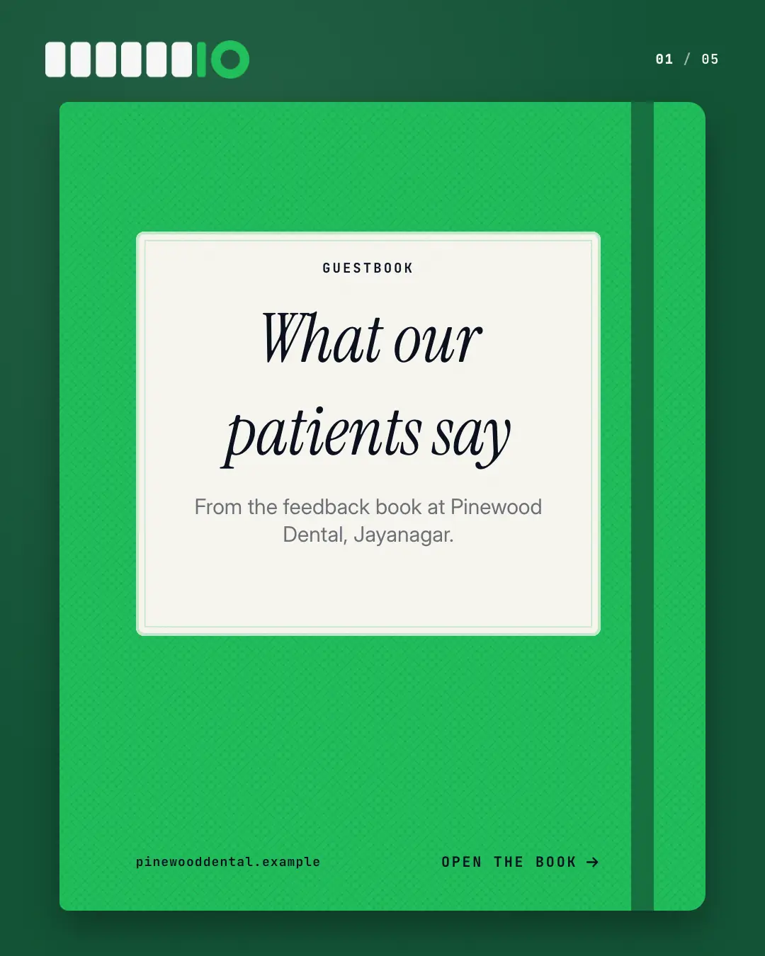 Sample Guestbook pages creative (Front-desk carousels template), shown on the fictional brand Pinewood Dental