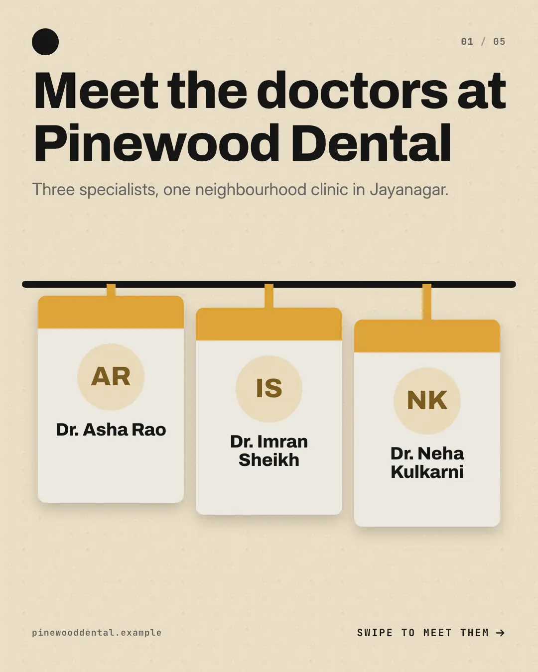 Sample Lanyard badge roster creative (Front-desk carousels template), shown on the fictional brand Pinewood Dental