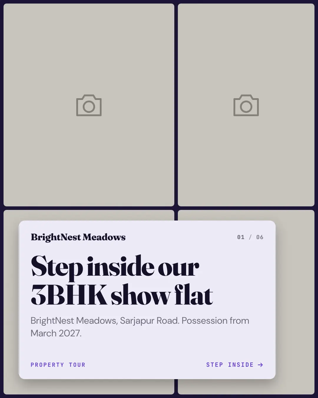 Sample Property tour creative (Front-desk carousels template), shown on the fictional brand BrightNest Meadows