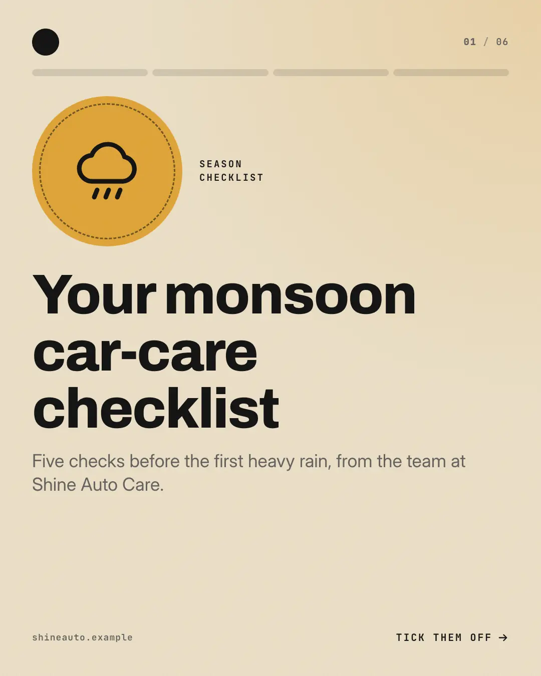 Sample Season checklist creative (Front-desk carousels template), shown on the fictional brand Shine Auto Care